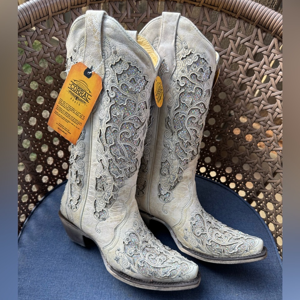 CORRAL WOMEN'S WHITE GLITTER INLAY WESTERN BOOTS 7.5
